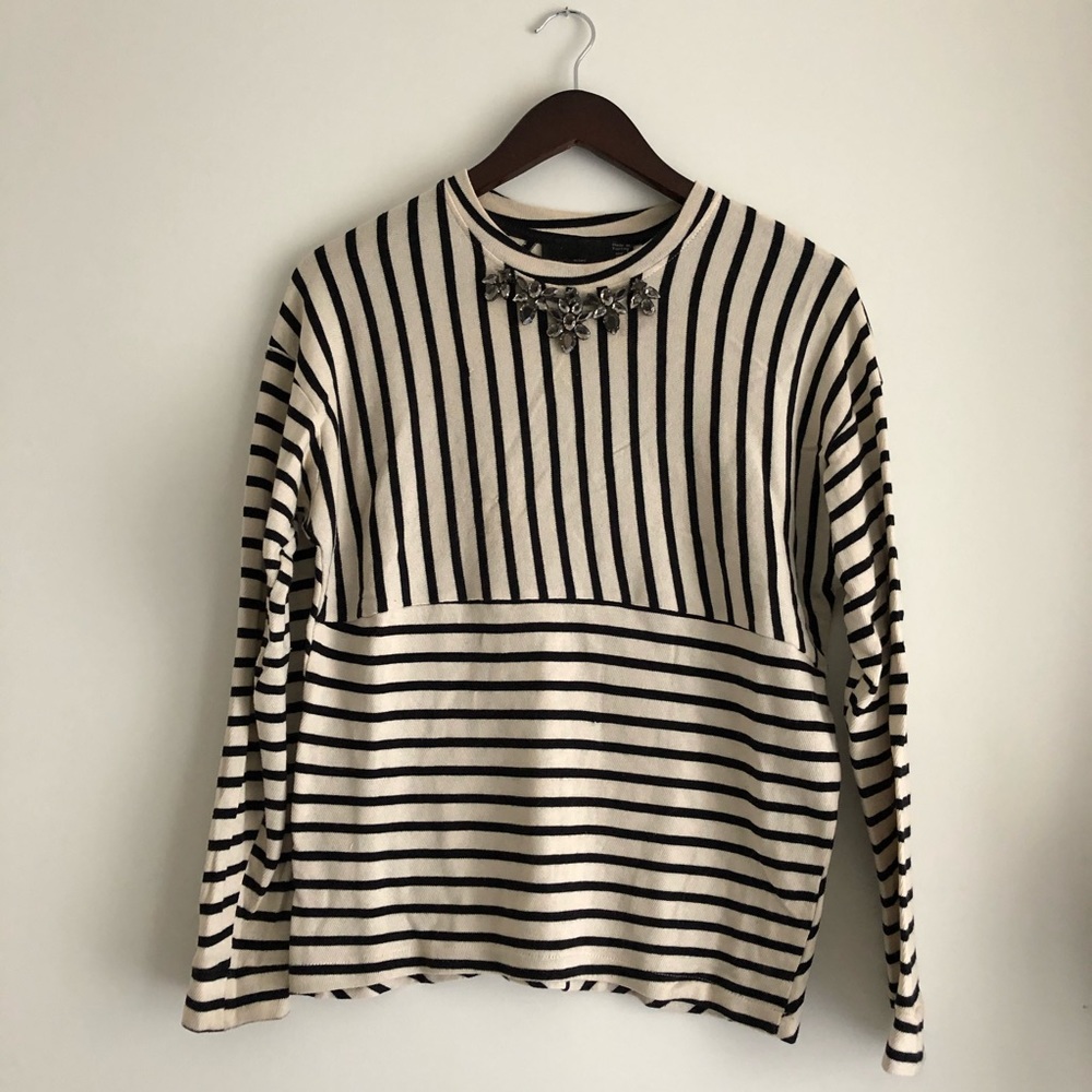 ZARA | Nude & Black Striped Shirt w/ Embellishment